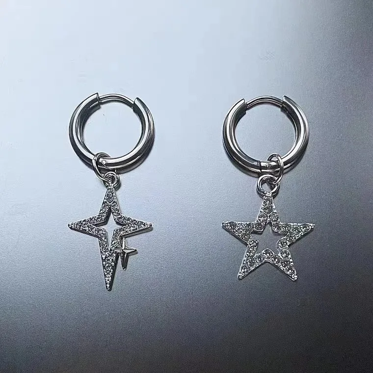 Subculture Style Silver Color Embellished Zircon Irregular Hollow Star Earrings UNISEX Punk Hip Hop Party Jewelry Earrings