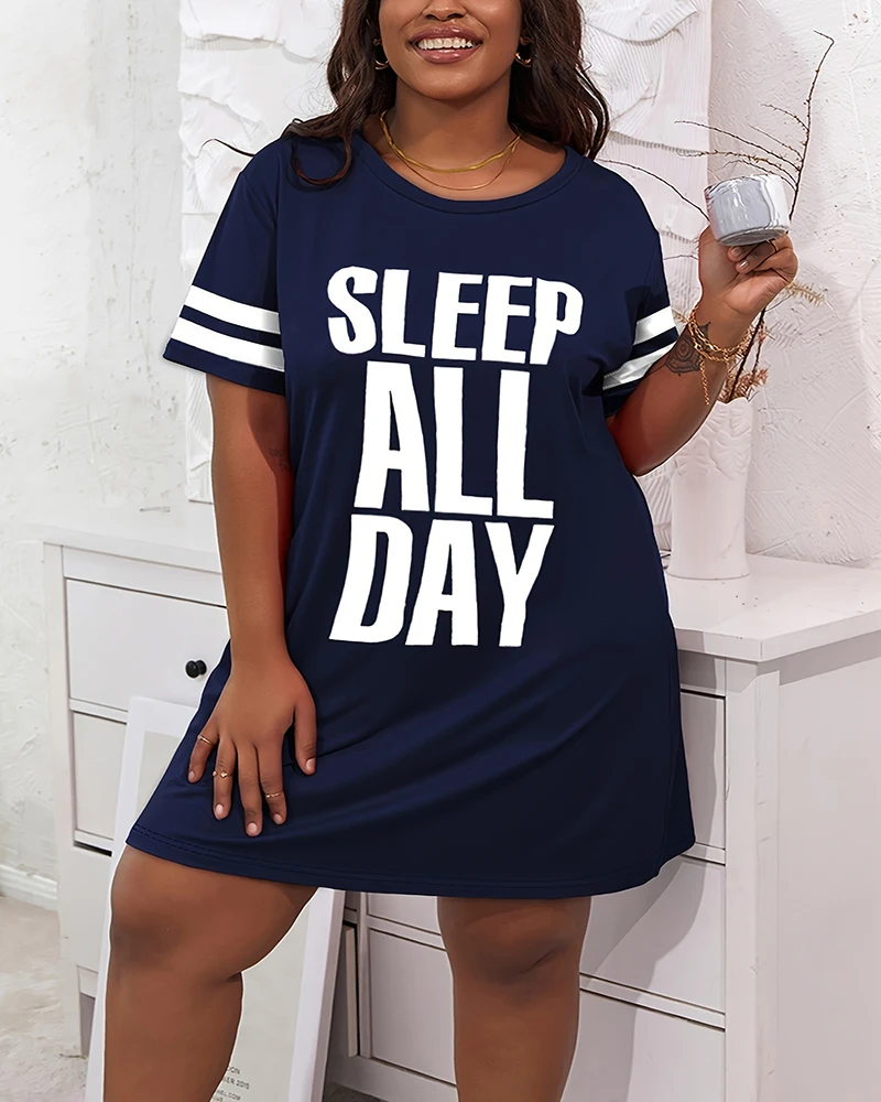 Plus Size Striped Sleep All Day Print Sleep Dress