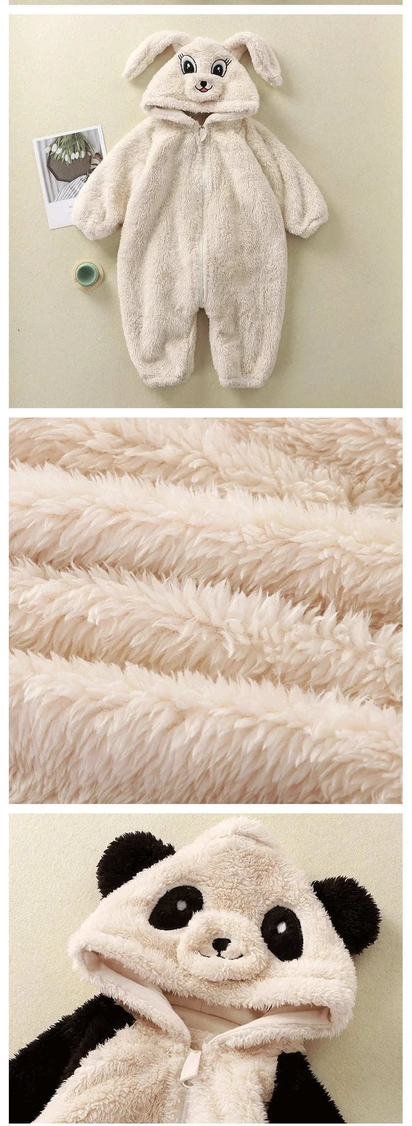 Baby Winter-Strampler aus Fleece mit Cartoon-Panda- und Hasenmotiv, Kapuzen-Jumpsuit für Jungen und Mädchen, Weiche Loungewear, Verdickter Kleinkind-Overall – Detail 3
