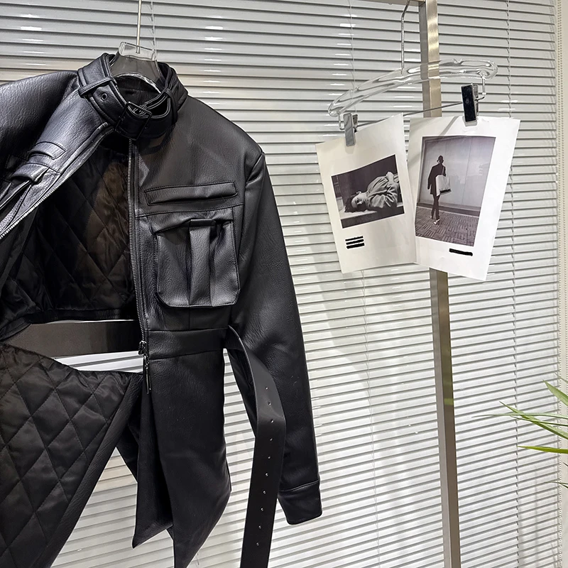 Chaqueta de algodón con cuello levantado y cinturón de PU para mujer, chaqueta cálida de longitud media, chaqueta acolchada con media cremallera, prendas de vestir Parker