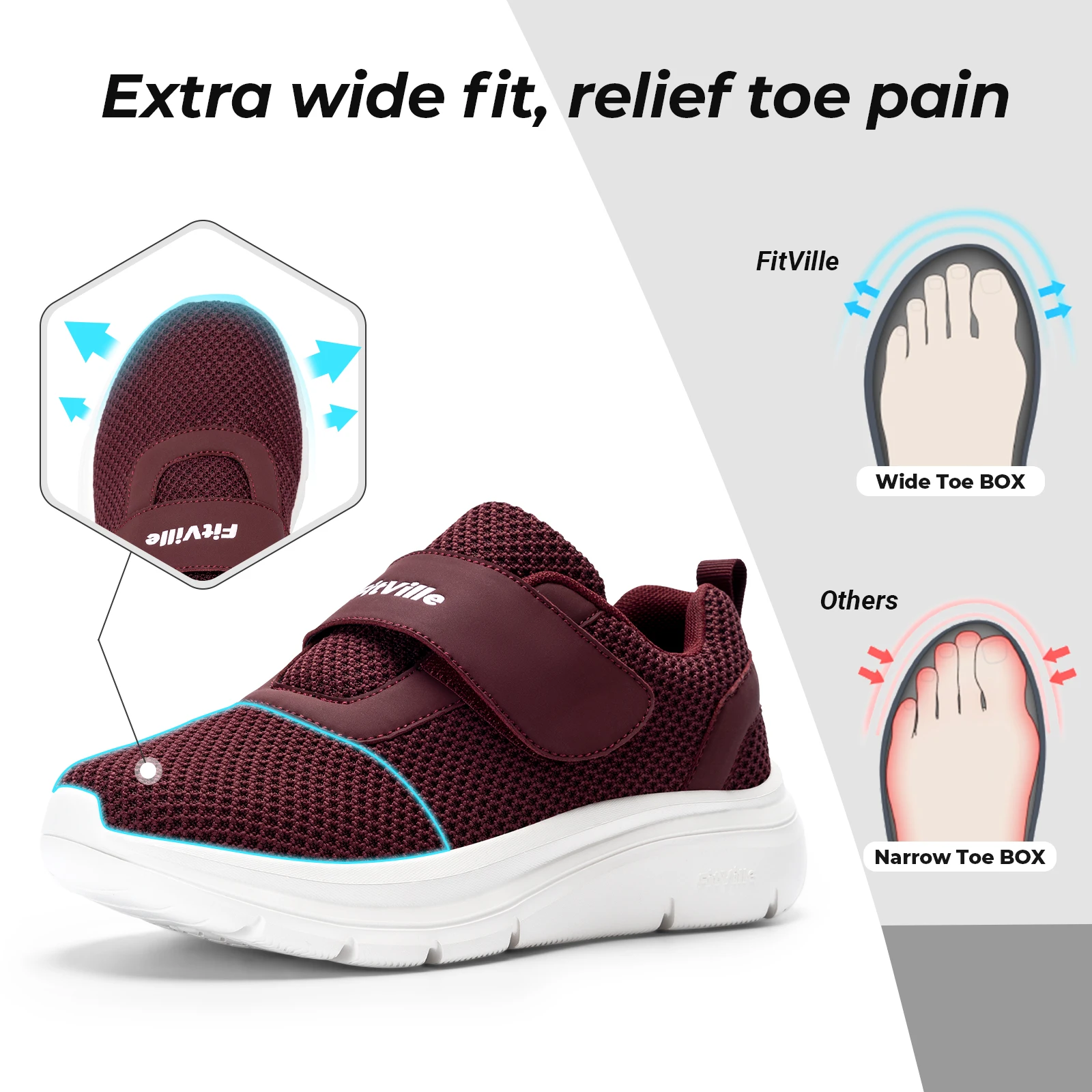 FitVille Sapatos femininos largos para diabetes, alça ajustável para pés inchados, tênis leves e confortáveis para caminhada