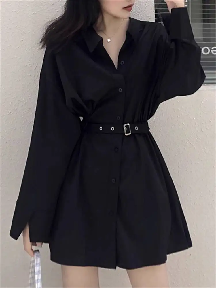 

Autumn Plus Size Women's Retro Black Dress Dark Aesthetic Unique Design Long Sleeve Shirt Dress with Slim Fit Waist Detail