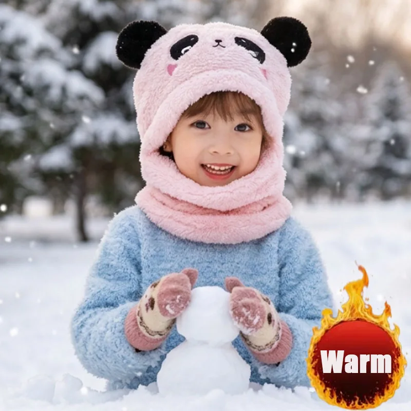 1-5PCS 2 in 1 Bear Ear Balaclava Fleece Lined Hat Scarf Warm Hood with Earflap for Baby Toddler Boys Girls Winter Outdoor
