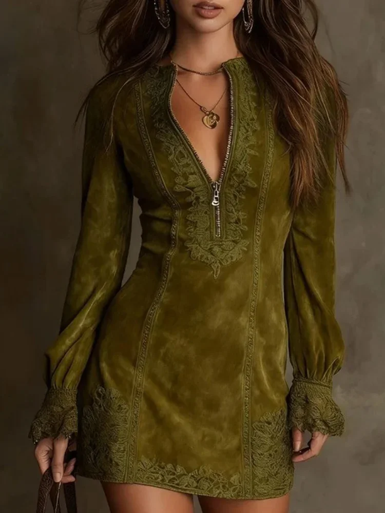 Autumn Women's Suede Dress with Lace Embroidery Front Zipper Long Sleeve Bodycon Mini Dress Retro Boho Style Dress for Women