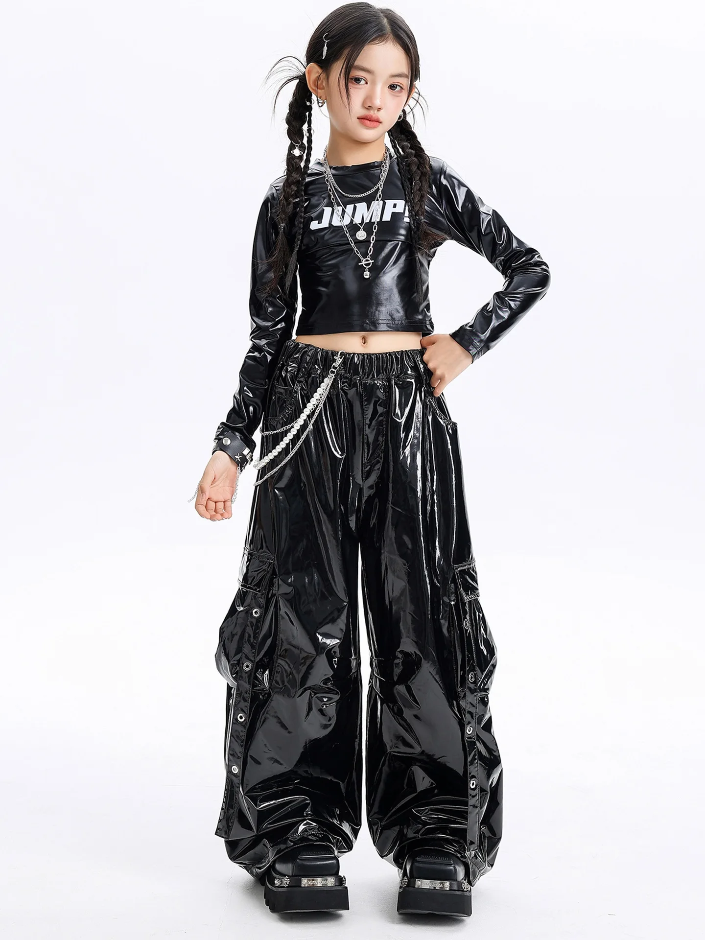 2025 Ragazze Cool Hip Hop Costume di Ballo Maniche Lunghe Nero Top Pantaloni Vestito di Pelle Kpop Jazz Dance Performance Abbigliamento BL17684