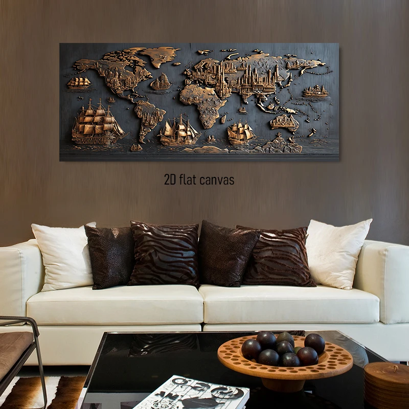 1 piece of retro relief world map decoration painting living room sofa background wall hanging painting study office 2D plan