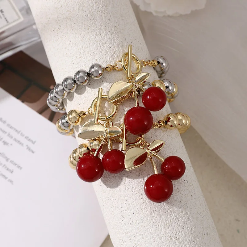 1pc Resin cherry OT buckle copper beaded bracelet, suitable for women\'s daily wear