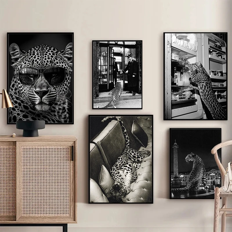 Black and White Leopard and Jewelry Store Canvas Poster Modern Animals Wall Art Pictures for Living Room Bedroom Home Decor