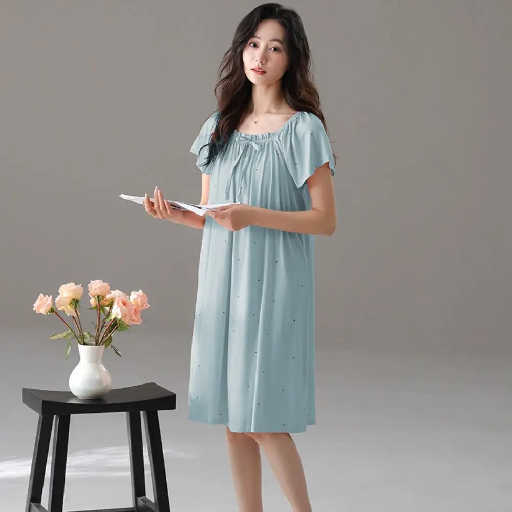 

High Waist Modal Women's Pajama Dress Short Sleeve Loose Dot Ruffle Nightdress Sleepwear Home Wear Lace Up Nightgown Home