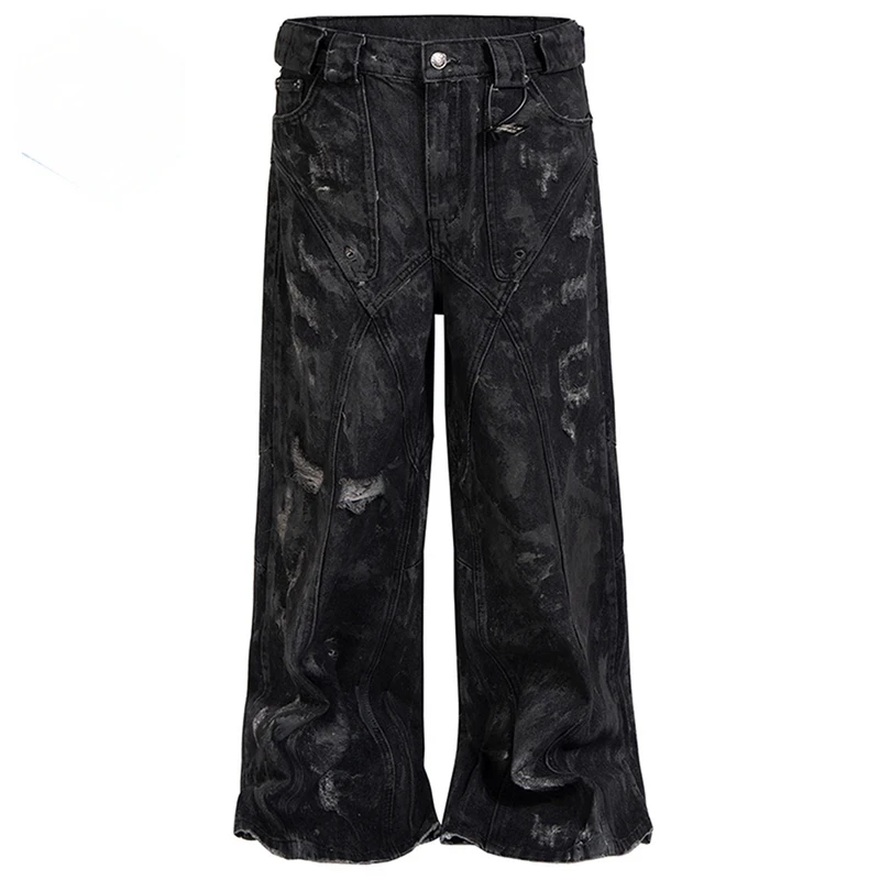 

Men Black Baggy Jeans Patchwork Ripped Loose Straight Denim Pants Streetwear Harajuku Hip Hop Jeans Trousers