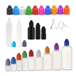 50pcs 5ml ml 15 10ml 20ml ml ml 60 50 30ml 100ml 120ml PE Plástico Frasco conta-gotas Com Tampa de Segurança Para E Líquido Unhas de Gel + Funil