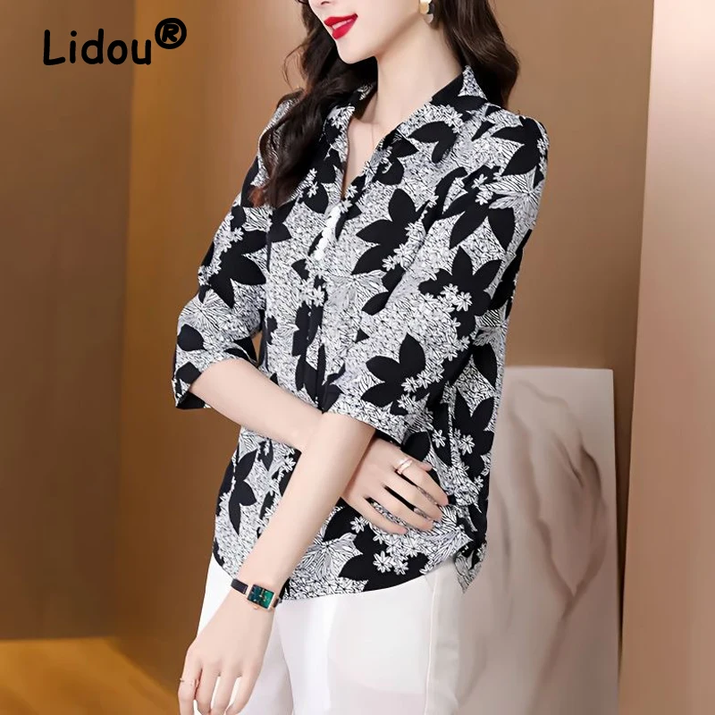 

Women Print Korean Style Elegant Blouses Spring Summer Turn Down Collar 3/4 Sleeve Shirts Casual Slim Tops Blusa Mujer Moda 2023