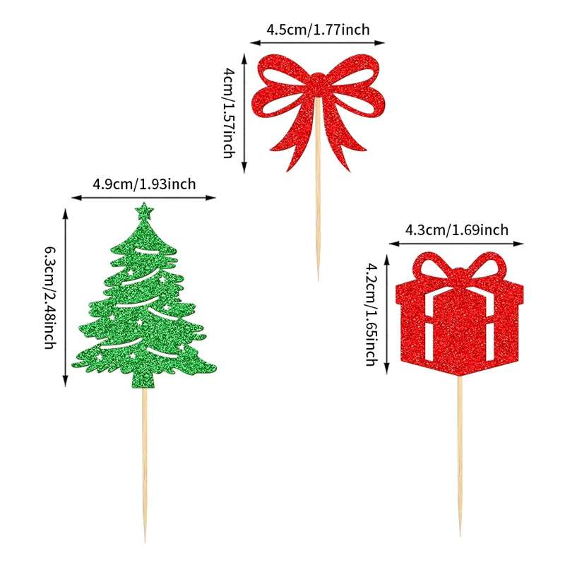 YOMDID 24 Stück Weihnachts- und Geburtstagskuchen-Topper, frohe Weihnachten, glitzernde Cupcake-Picks, Weihnachtsbaum, Schleife, Weihnachtsdekoration – Detail 4