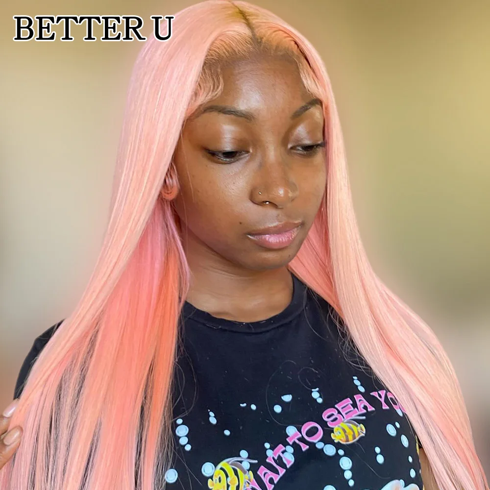 human hair straight 13X6 lace front pre-stretched wig transparent lace front wig Light pink 13x4 high gloss wig 250 density