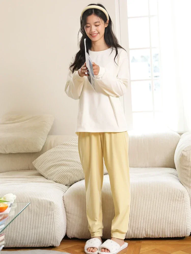 Homewear setelan Pullover wanita, piyama atasan lengan panjang leher-o longgar warna kontras beludru musim gugur dan musim dingin