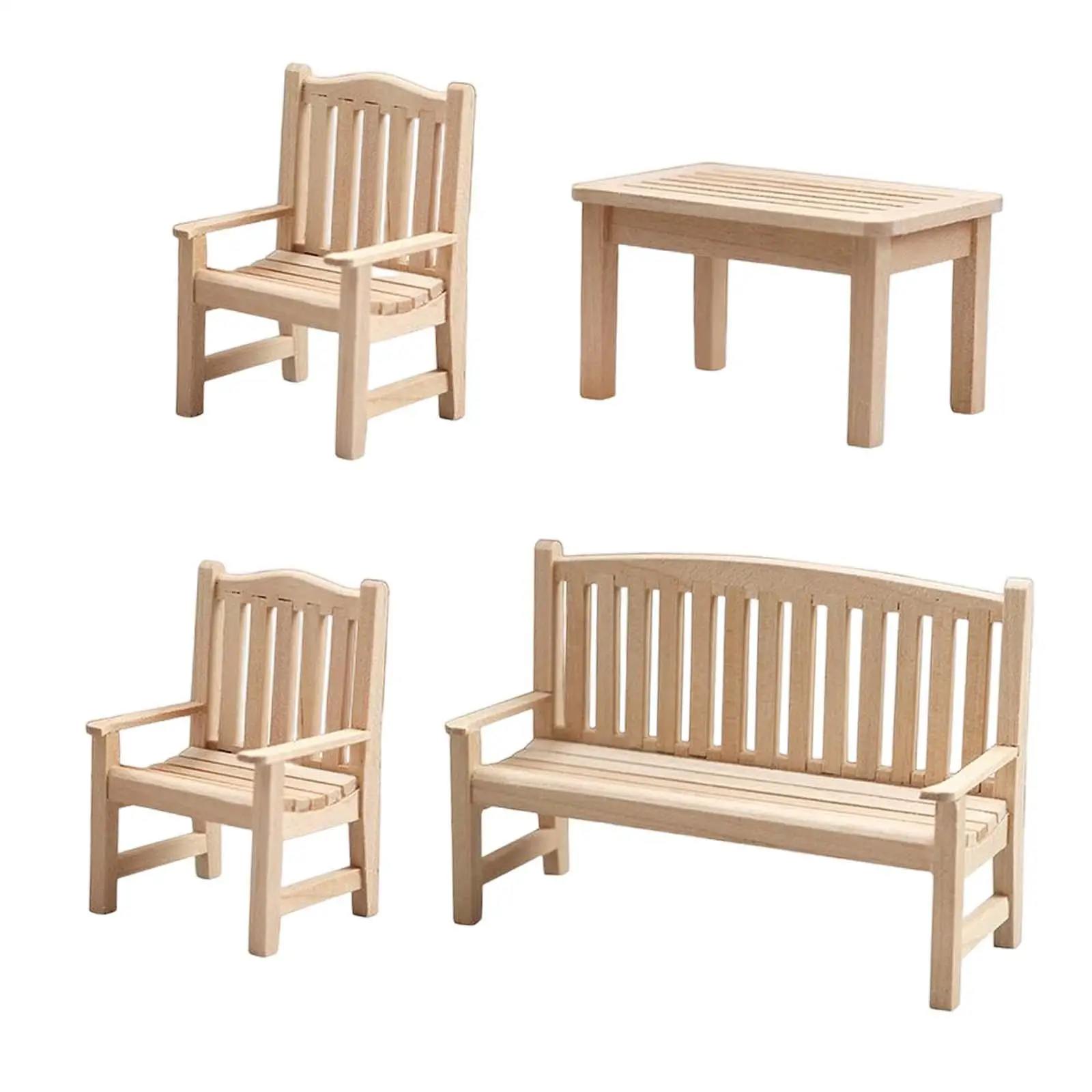 4 Pieces Miniature Garden Bench Set Furniture DIY Unpainted for 1:12 Dolls House