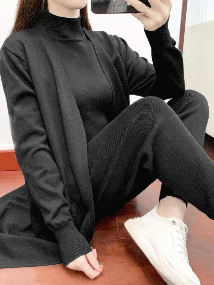 Winter Frauen Gestrickte 3 Stück Set Muslimischen Casual Verdicken Langen Mantel Kleid Pullover Mantel + top + Hose 3 stücke Anzüge Warme Set Abaya 2026
