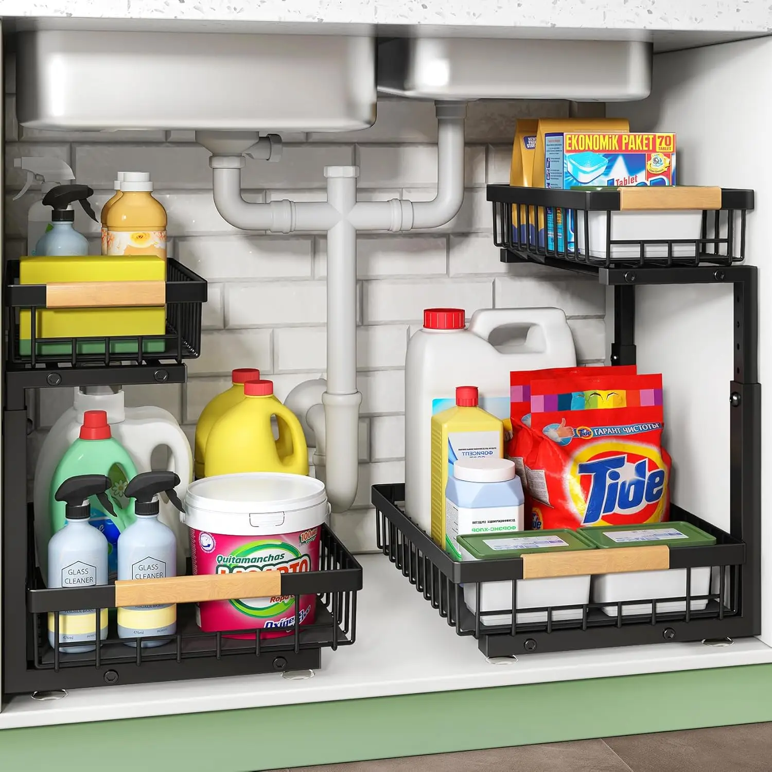 

Under Sink Organizer, 2 Packs 2 Tier Under Sink Organizers and Storage, Slide Out Pull Out Cabinet Organizer Shelf, Metal Slidin