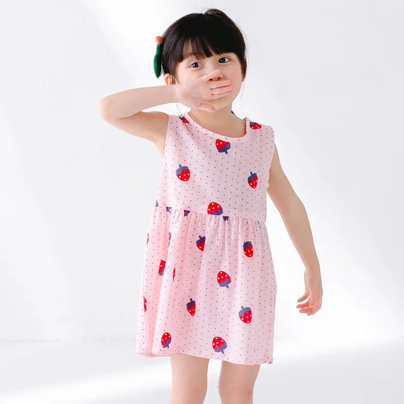 2023 Spring Summer New Baby Girls Vest Dress Kids Sleeveless Korean Print Dress Sweet Girl Cotton Linen Princess Dress 6M-6Y