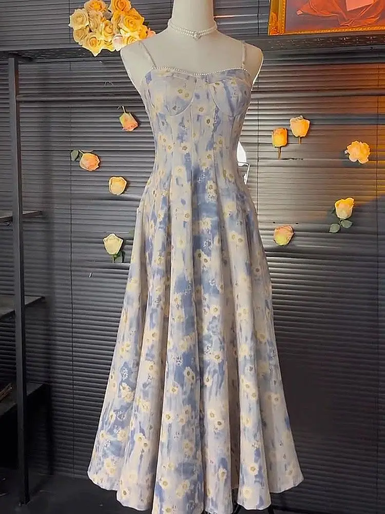 

2023 French Blue Oil Painting Long Skirt Beach Skirt Fragmented Flower Strap Dress Women's Summer vestido