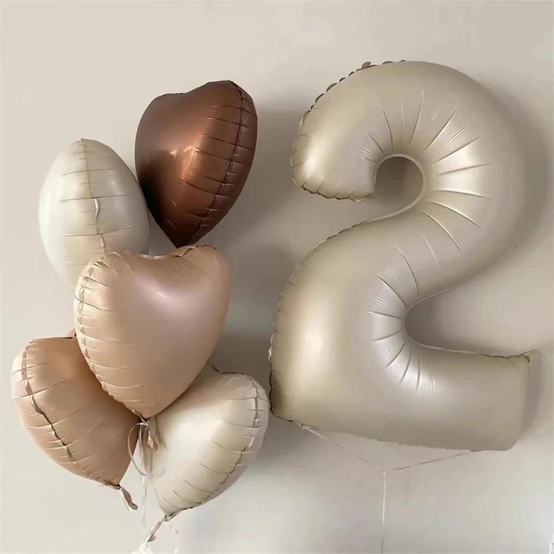 8pcs Cream Color Number Heart Foil Balloons Happy Birthday Party Decorations Kids Girl Boy 1 2 3 4 5 6 7 8 9 Year Old Supplies