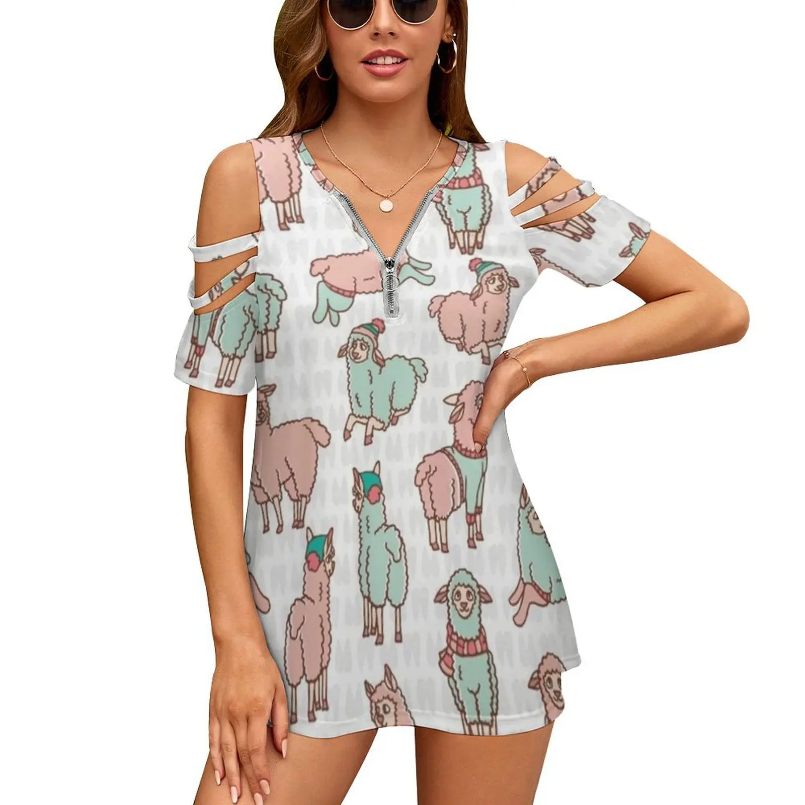 Pastel Colors Cartoon Alpaca Llamas Herd New Fashion Zip Off Shoulder Top Short-Sleeve Women Shirt Alpaca Farm Llama Alpacas