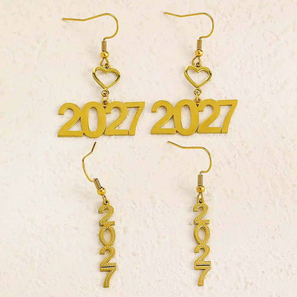 Rhinestone 2027 Digital Earrings Stainless Steel Hollowed-out Happy New Year Earrings Number Heart Gold Stud Earrings Christmas