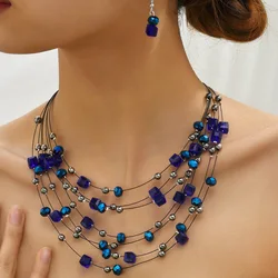 KMVEXO Ethnic Boho Multilayer Crystal Square Beads Necklace&Earrings Set For Women Bohemian Jewelry Set Party Favor Wedding Beac