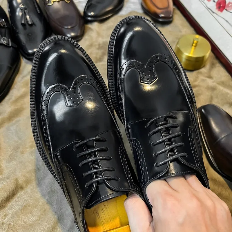 Men's brogue carved leather shoes, derby style, large toe, thick-soled leather shoes