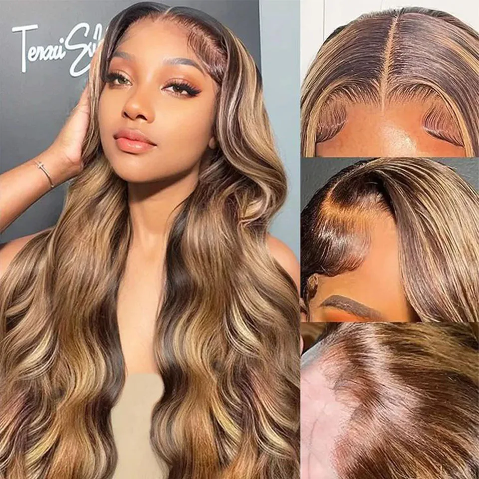 

13x6 Honey Blonde Body Wave Highlight Wigs Human Hair Preplucked P4/27 32inch 13X4 Highlight Body Wave Lace Front Human Hair Wig