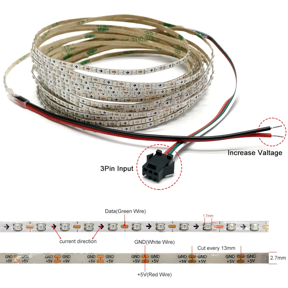 2.7mm Ultra Narrow LED Strip WS2812B Individually Addressable RGBIC Colorful Pixel Light 160Leds/M IP30 White PCB DC5V DC12V