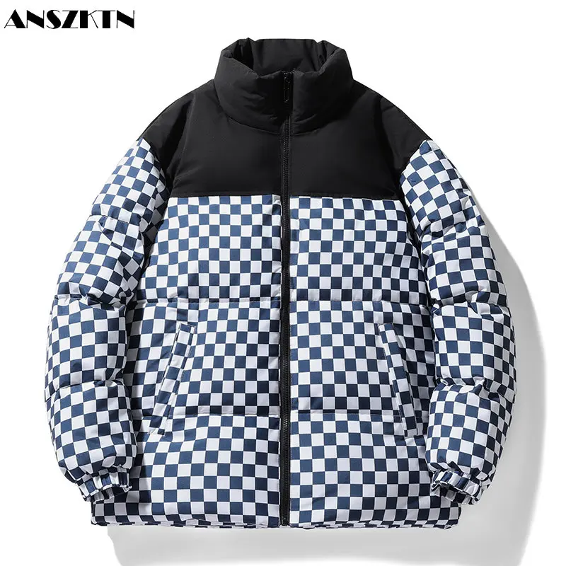 ANSZKTN Winter couple thick trendy brand color-block plaid stand collar jacket men's and women's down jacket two open thermal co