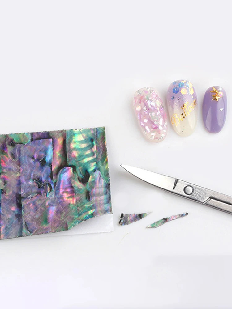 

Shell stickers, nail decorations, abalone shell pieces with adhesive backing, colorful patterns, DIY nail art