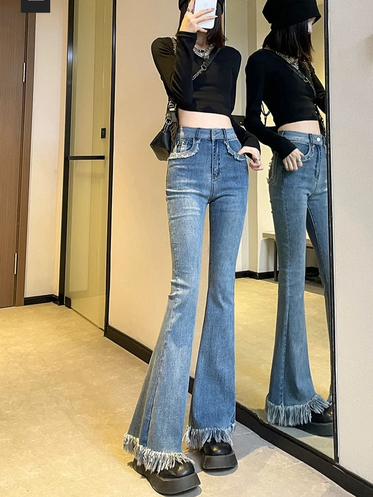 Women's autumn and winter high waist slimming denim jeans plush and thickened design tassel design versatile jeans