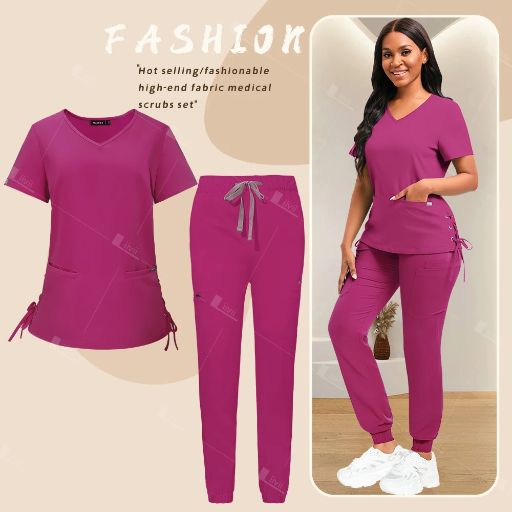 Nurse Surgical Uniform Woman Beauty Workwear Medical Scrub Set Stretch Clinical Scrubs Top+Jogging Pants Doctor Vet Nursing Suit