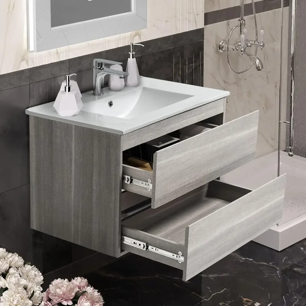 Bathroom Vanity Wall Mounted Floating Vanity Two Drawers Storage Cabinet with Ceramic Integrated Sink