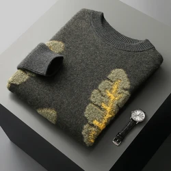Jesienno-zimowy nowy 100% z wełny merynosów męski sweter kaszmirowy pulower z okrągłym dekoltem dzianinowy Retro Top na co dzień