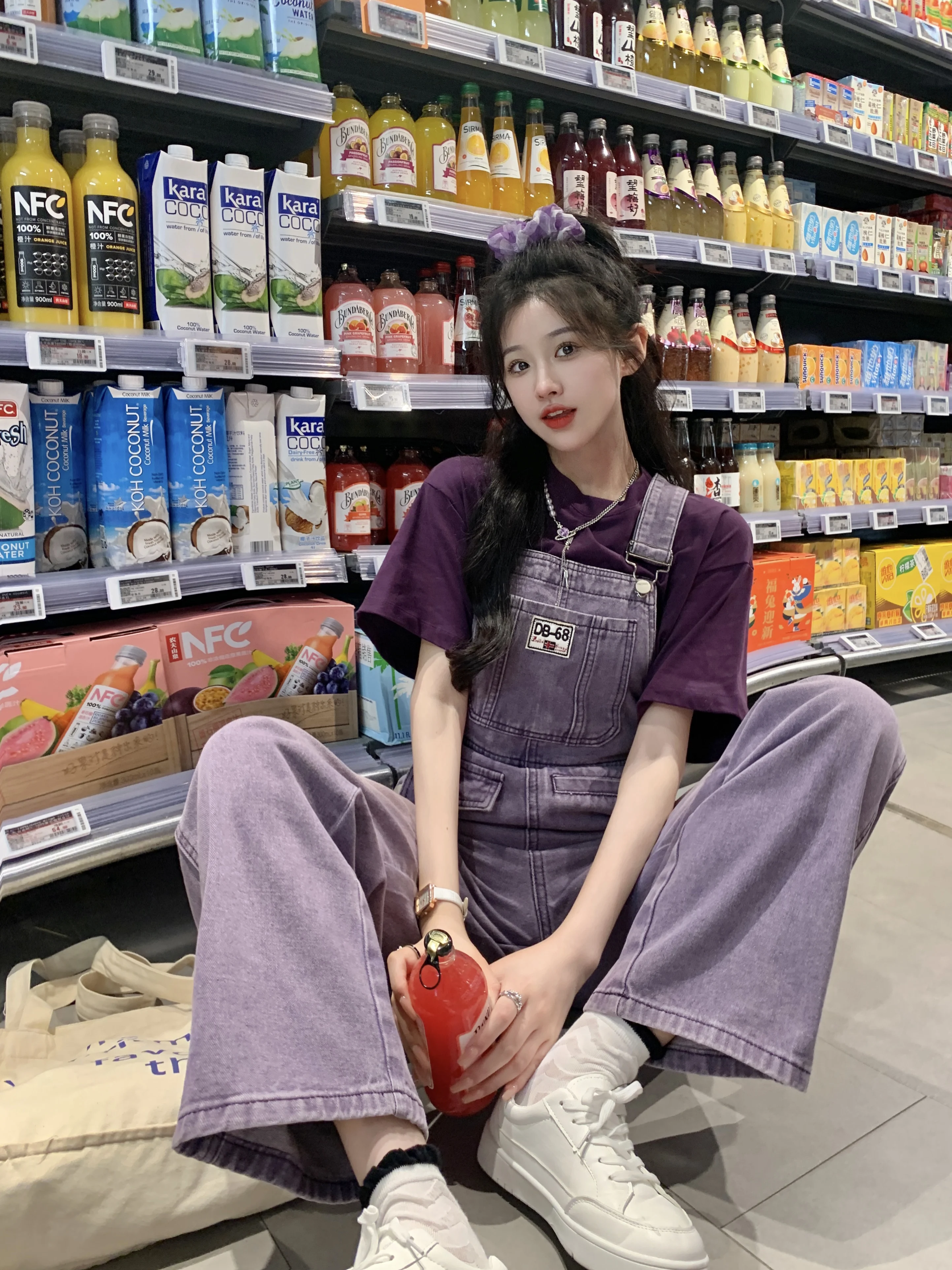 Vintage Women Denim Jumpsuit 2024 Korean Style Purple Casual Loose Straight Jeans Spring Autumn Girls Strap Overall