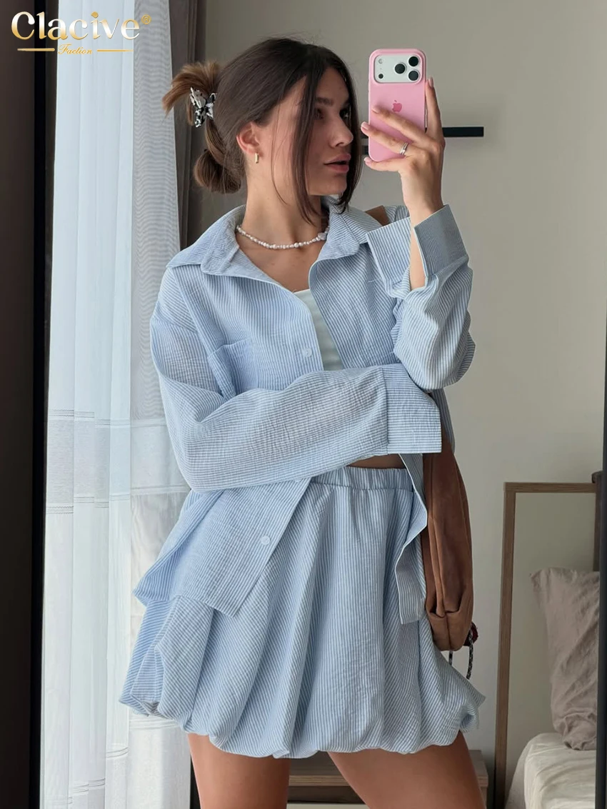 Clacive Fashion Loose Blue 2 Pieces Set For Woman 2027 Elegant Long Sleeve Shirt With High Waist Pleated Mini Skirt Set Female
