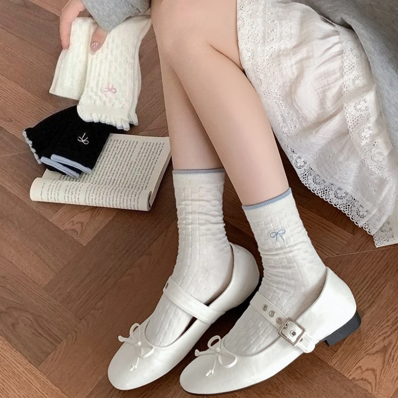 

Носки в балетном стиле, женские носки с вышивкой и бантом, милые носки JK Lolita Kawaii, милые носки с рюшами, японские школьные носки, черно-белые носки
