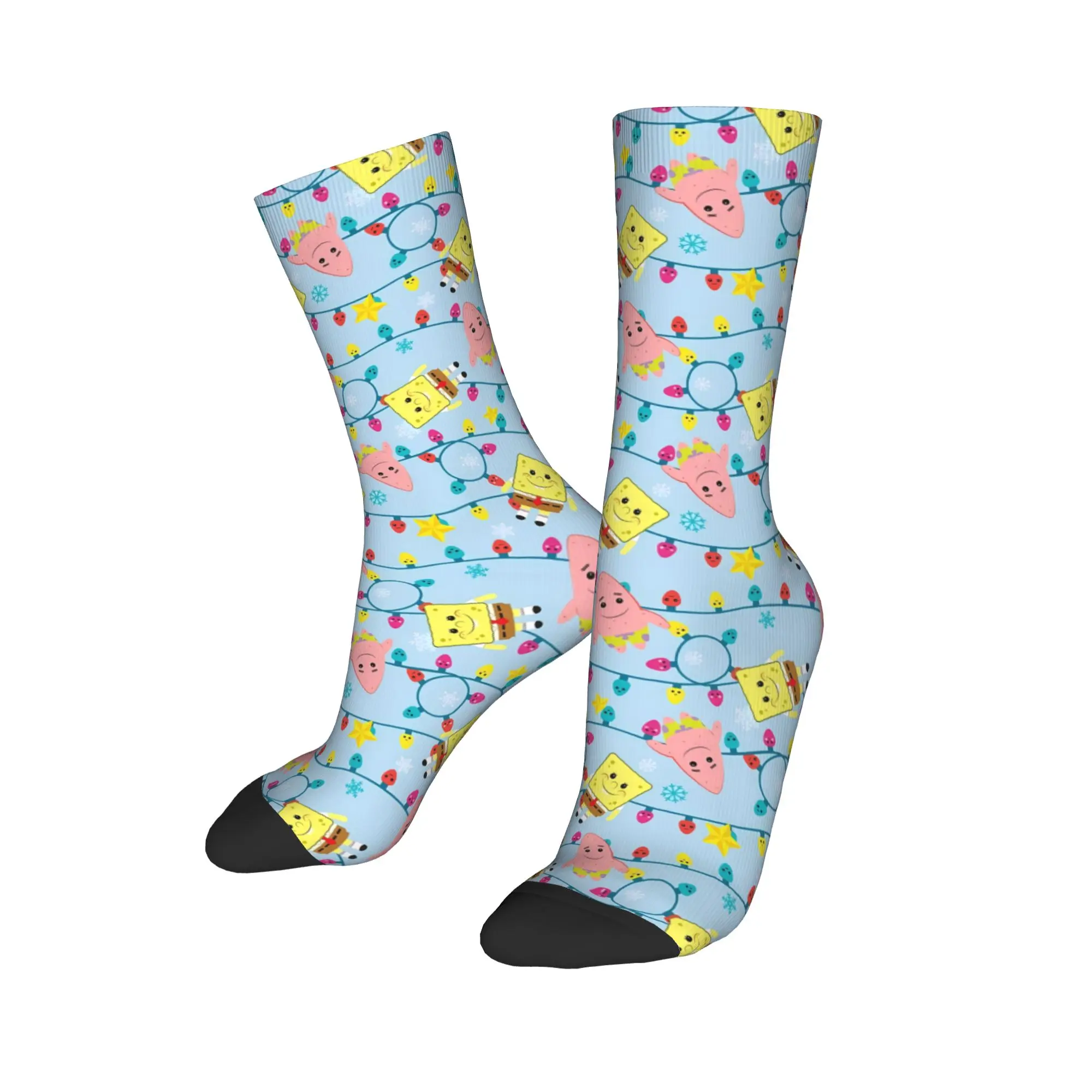 Men Socks SpongeBobs Light Blue Pastel Floral Tile  Stockings Non Skid Comfortable Socks Autumn Kawaii Outdoor Sports Socks