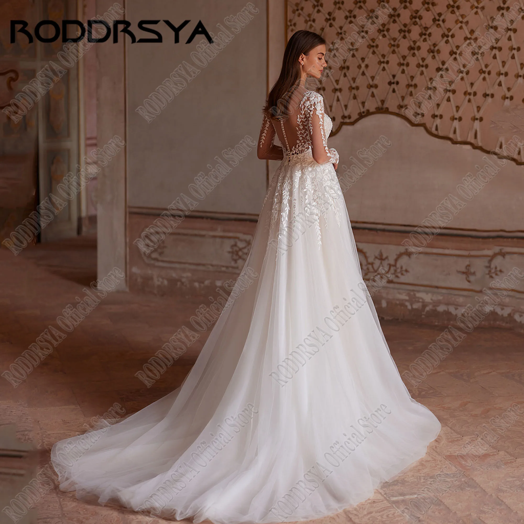 Roddrsya charmante Tüll Brautkleid lange Ärmel o Hals Applikation Vestidos de Novia eine Linie Brautkleid Sweep Train angepasstRODDRSYA Charming Tüll Brautkleid Lange Ärmel O-Ausschnitt Applikation Vestidos De Novia A