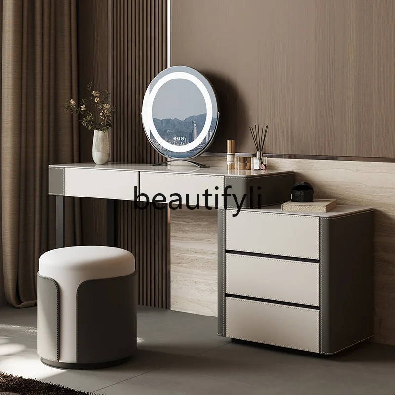 

Saddle skin rock slab dresser bedroom modern simple solid wood storage, TV cabinet makeup table integrated