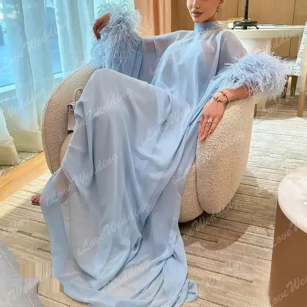 Robe de bal élégante en mousseline de soie, col haut, manches longues avec plumes, robe de soirée formelle pour mariage, robe de soirée saoudienne personnalisée