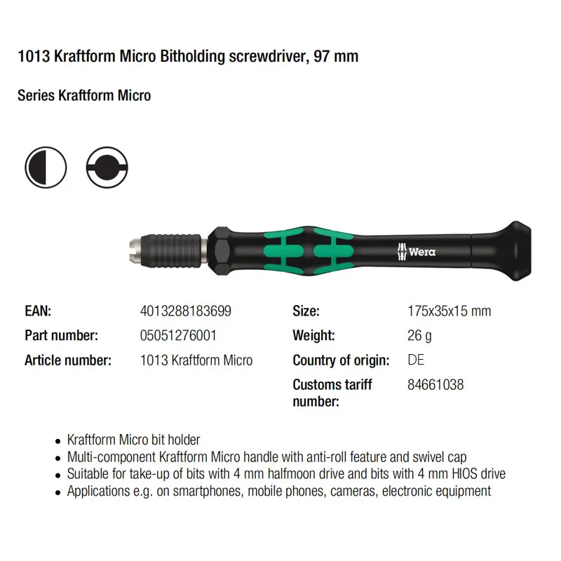 WERA 05051276001 1013 Kraftform Micro Bitholding Screwdriver Anti-roll Low-fatigue Working 26Grams