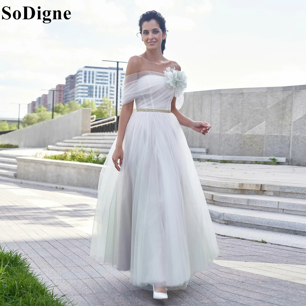 SoDigne Elegant White Tulle Evening Dresses A-Line Off Shoulder Flowers Pleated Ankle Length Party Dress Prom Gowns Customized