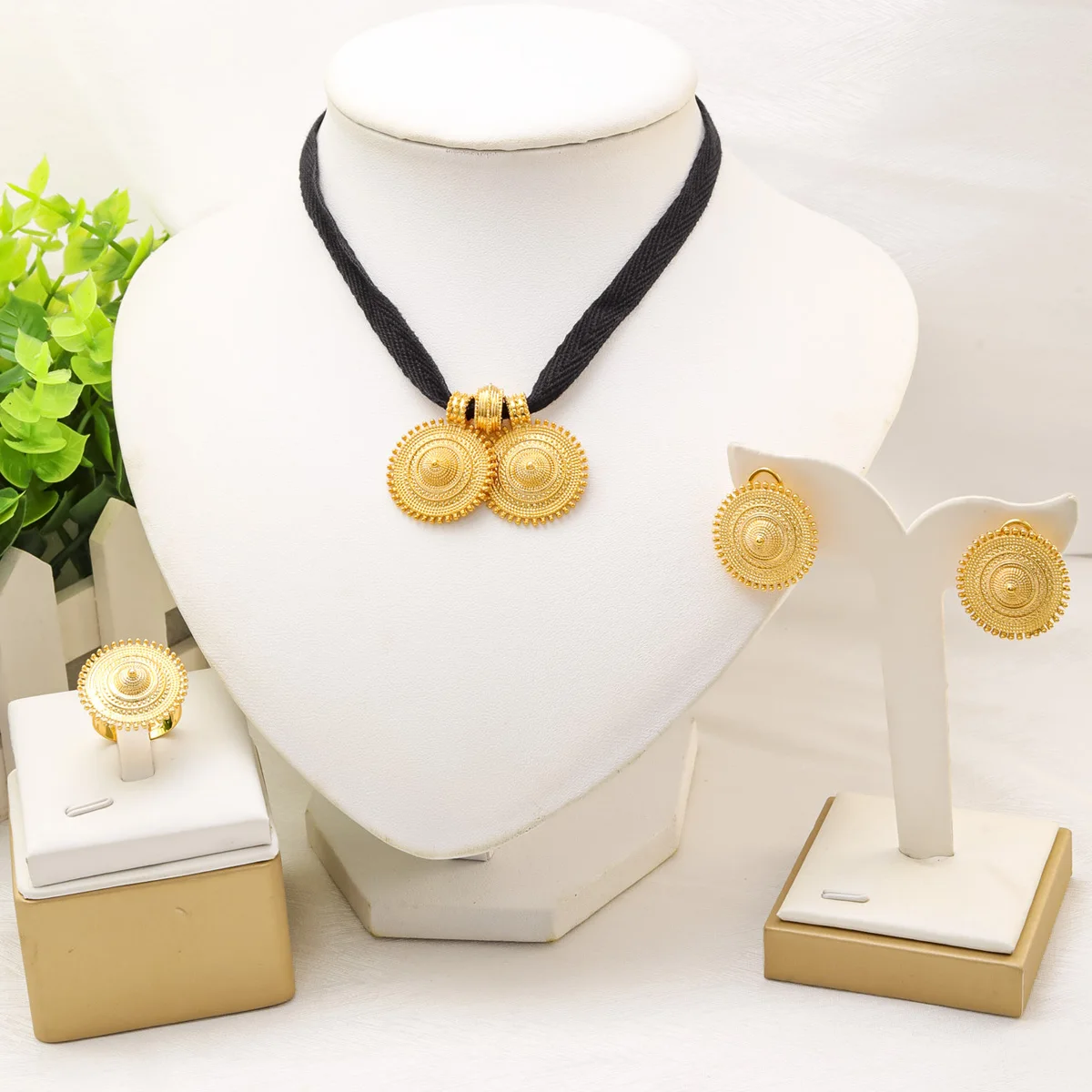 24k Gold Plated Fashion  Women Black Ribbon Choker Necklace Earrings Ring Pendant Jewelry Set For Wedding Bridal Party Gift