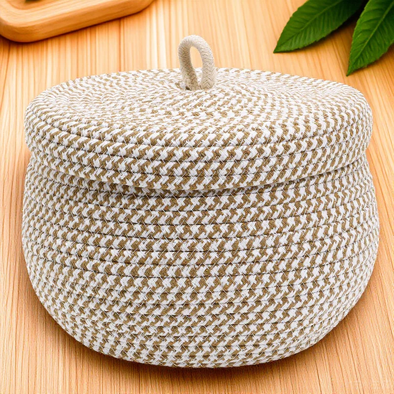 

Cotton Rope Round Basket Storage with Lid Decorative Organizer Basket for Home Bathroom Kitchen Shelf Decorative Boxes with Lids