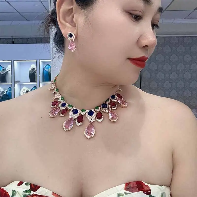 Designer Collection Style Earrings Necklace Women Lady Inlay Colorful Drop-shaped AAA Cubic Zircon Wedding Party Jewelry Sets