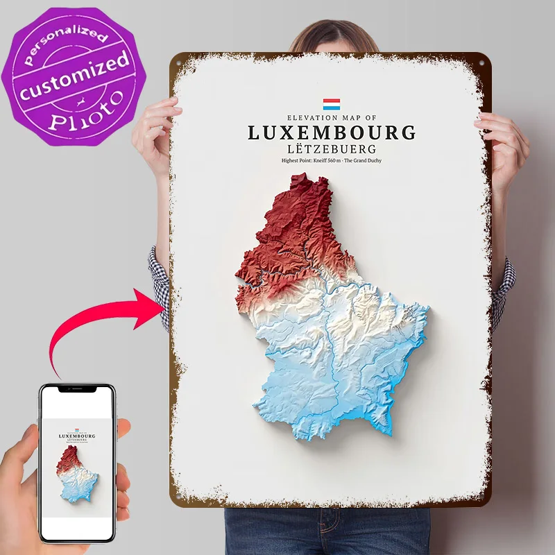 Luxembourg Elevation Map 3D Texture Printed Poster Custom Vintage Metal Tin Plate Sign for Wall Art Decoration Garage Wand Deko